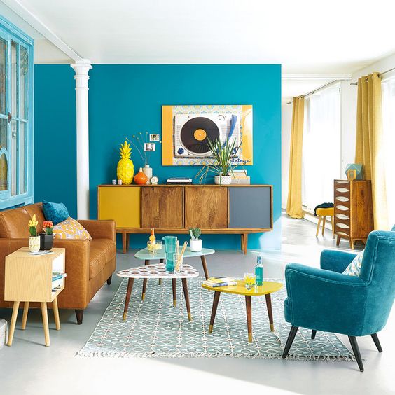 blue color for retro living room design.