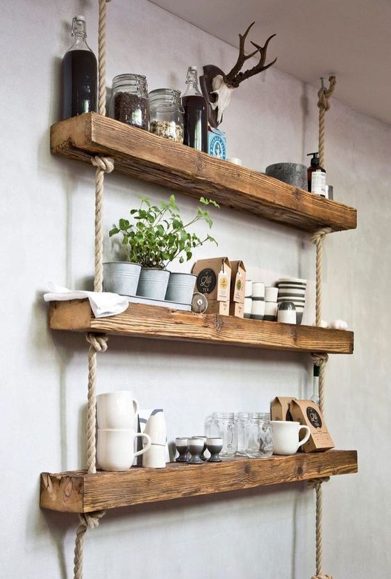 make hanging shelf from wooden ornaments.