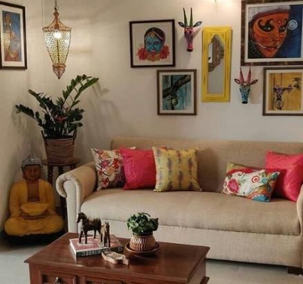 Low Budget Indian Living Room Interior with Bright Color Concept