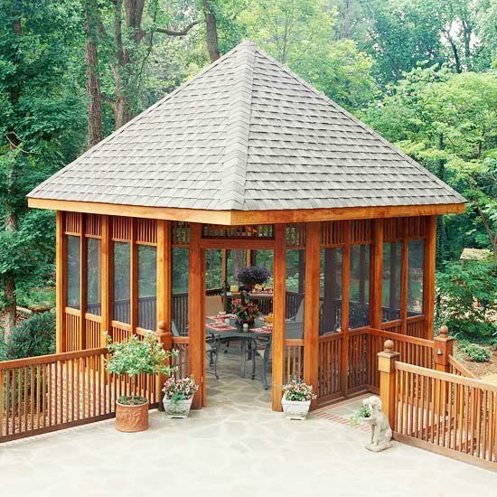 wooden gazebo garden on hills