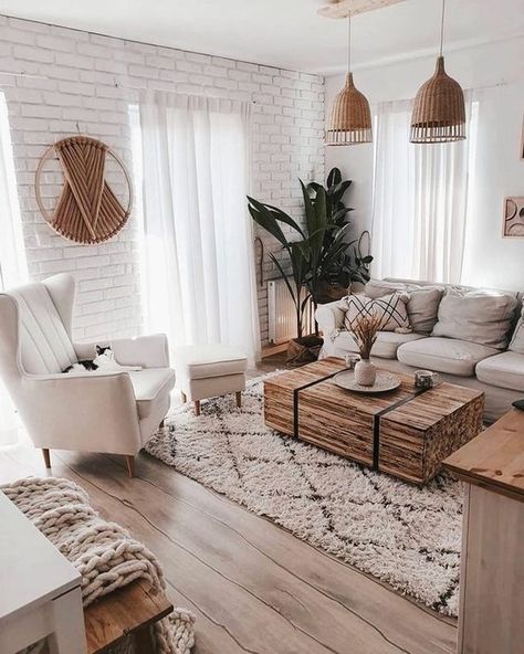 scandinavian living room with brick wall texture