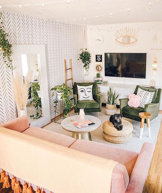 pink bohemian living room