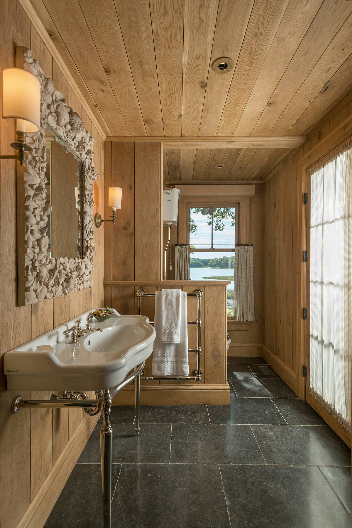 Rustic Bathroom with Unique Mirror Frame