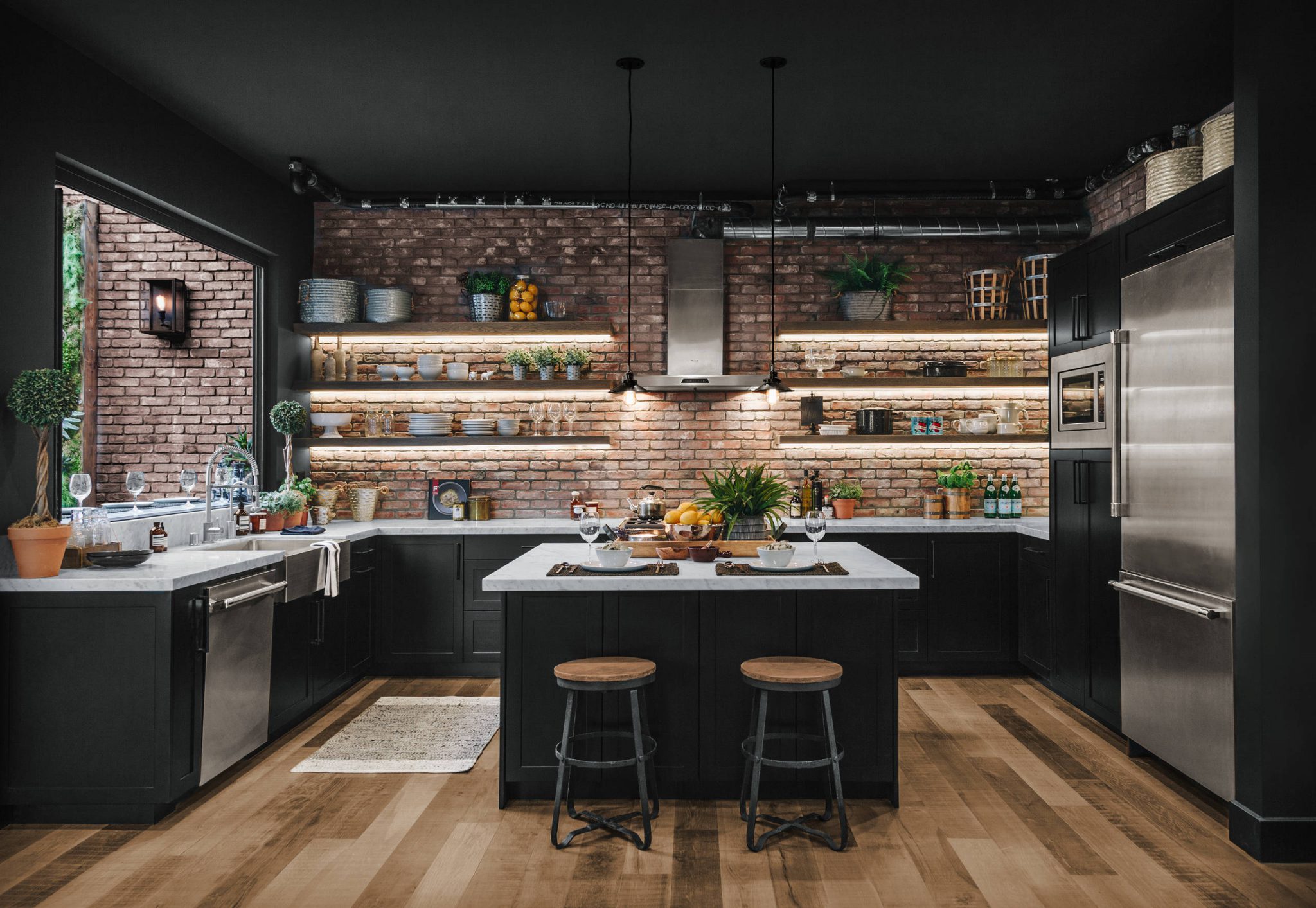 large kitchen wall with industrial decor