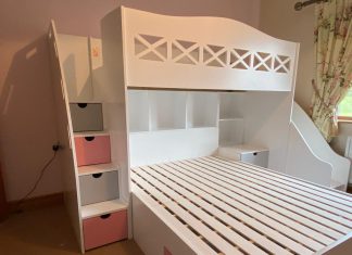 Mk Furnishings Triple Bunk Bed with Bookshelf Benefits