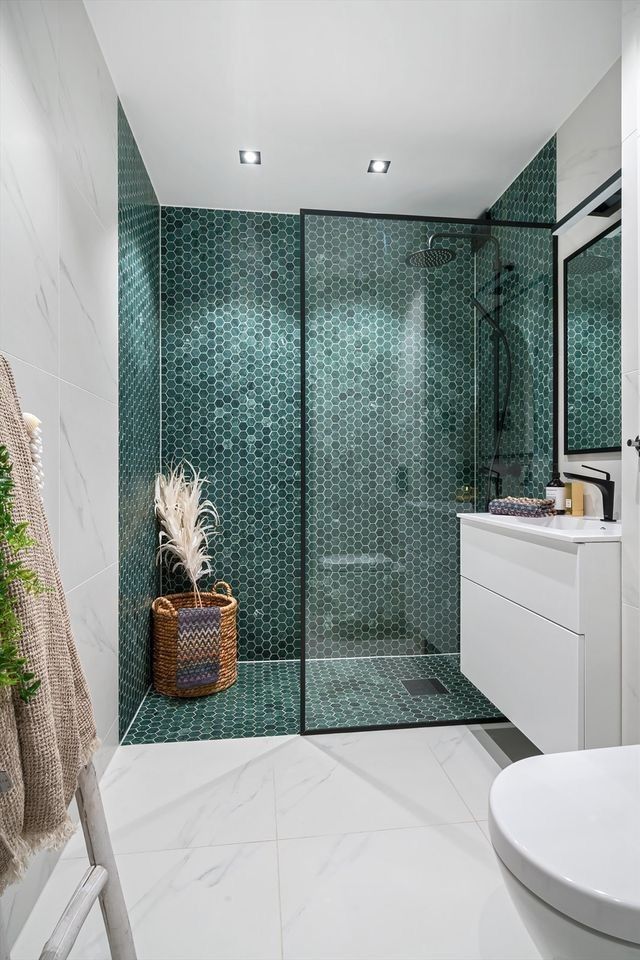 Green Bathroom with Bohemian Accents