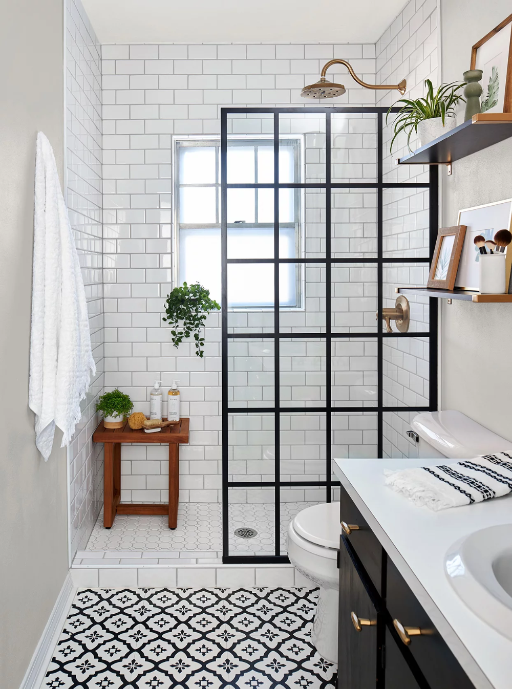 White Bathroom with Patterned Floor