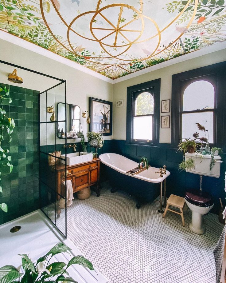 Classic Bathtub with Green Tiles and Plants