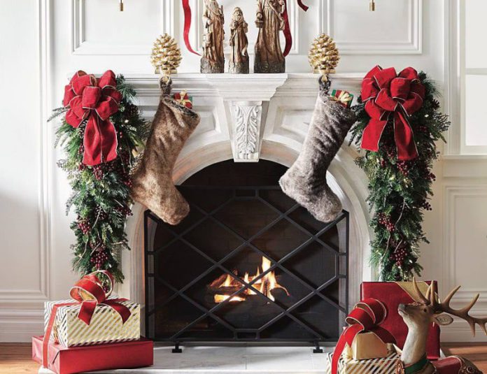 Christmas Fireplace with Decorative Ribbons