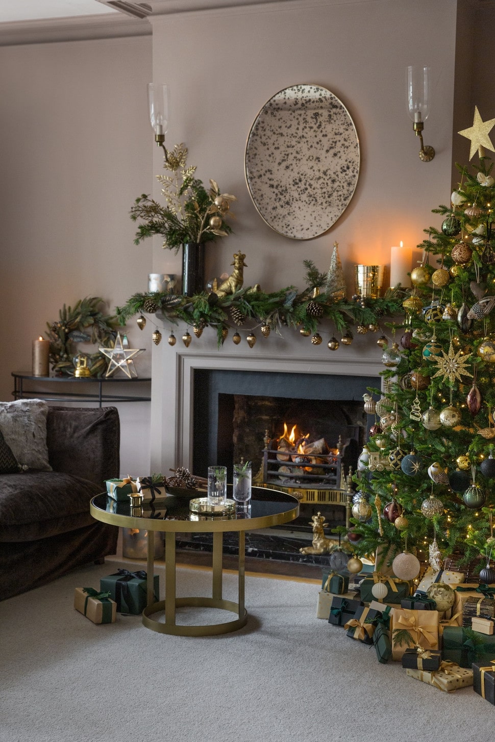 Christmas Fireplace with Green Decoration