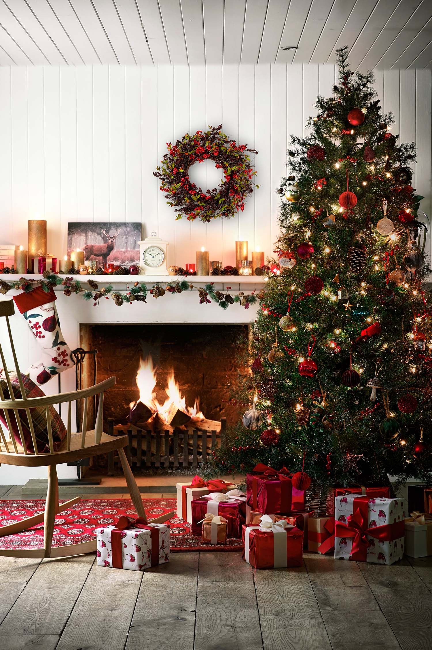 Rustic Fireplace with a Decorated Tree