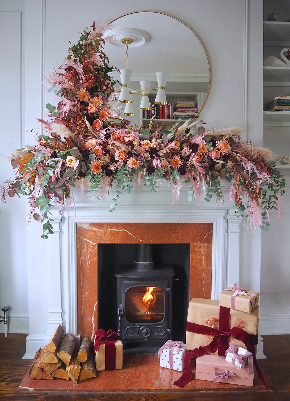 Christmas Fireplace with Floral Decoration