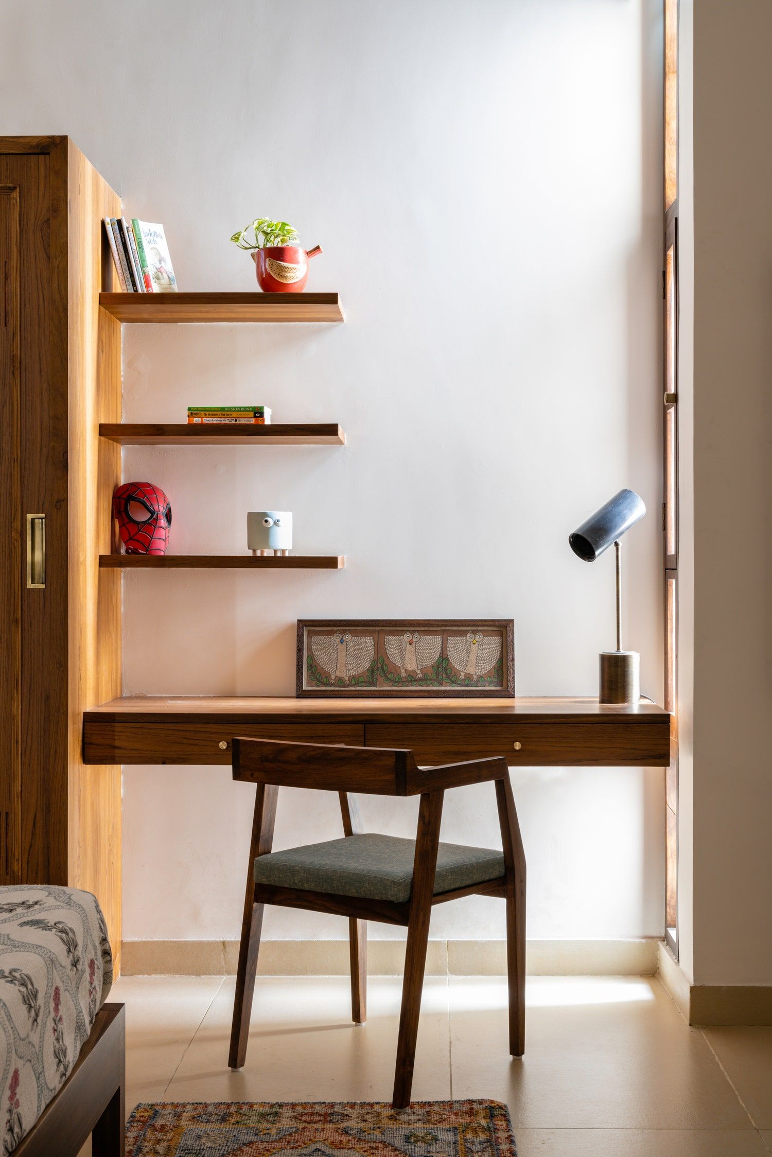 Small Wooden Table and Wall Shelves